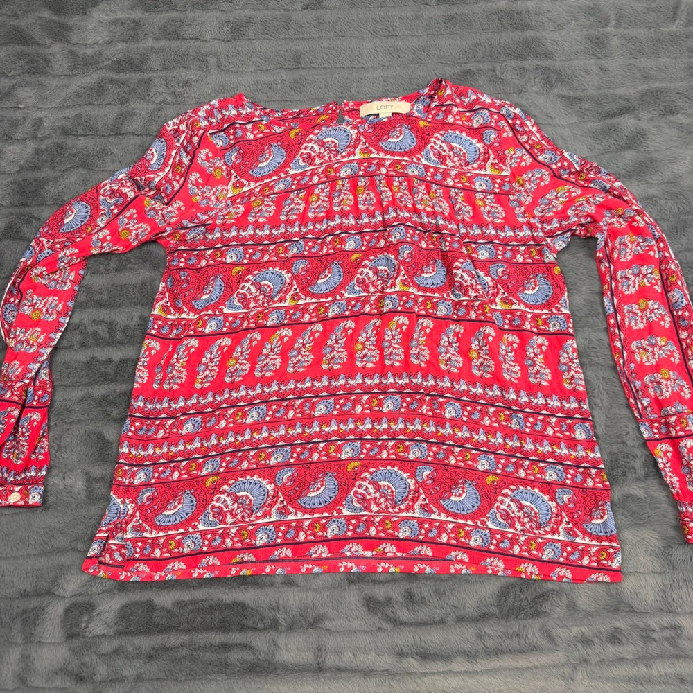 Ann Taylor LOFT Womens Small Red Paisley Floral Long Sleeve Rayon Blouse Top